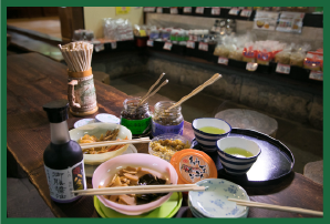 Sampling is available for tea, miso pickles, tsukudani etc.